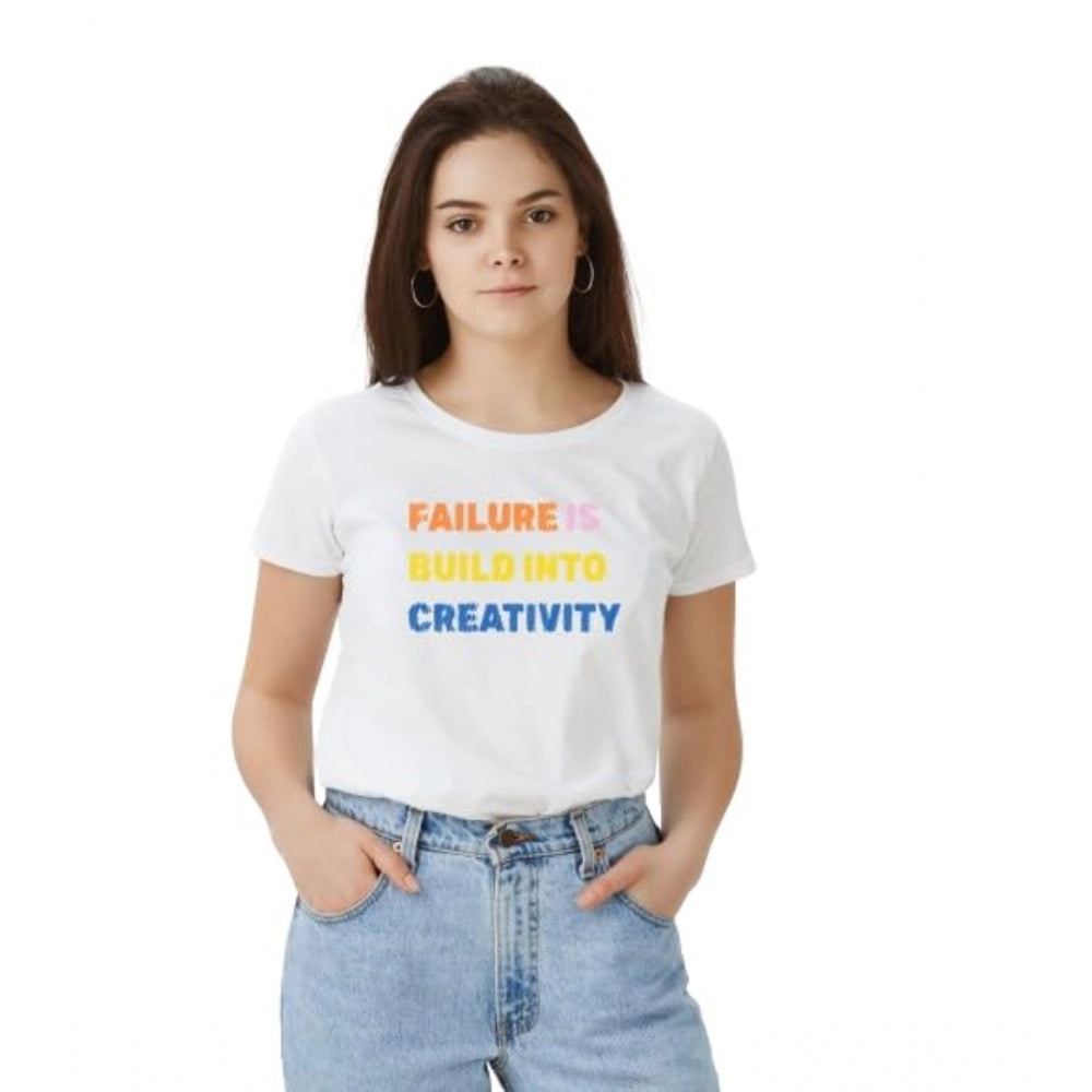 Women's Solid Printed Round Neck Half Sleeve T-Shirt — White · e2_L
