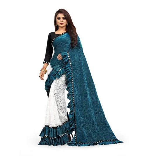 Women's Silk With Mirror Lace Solid Saree — Rama