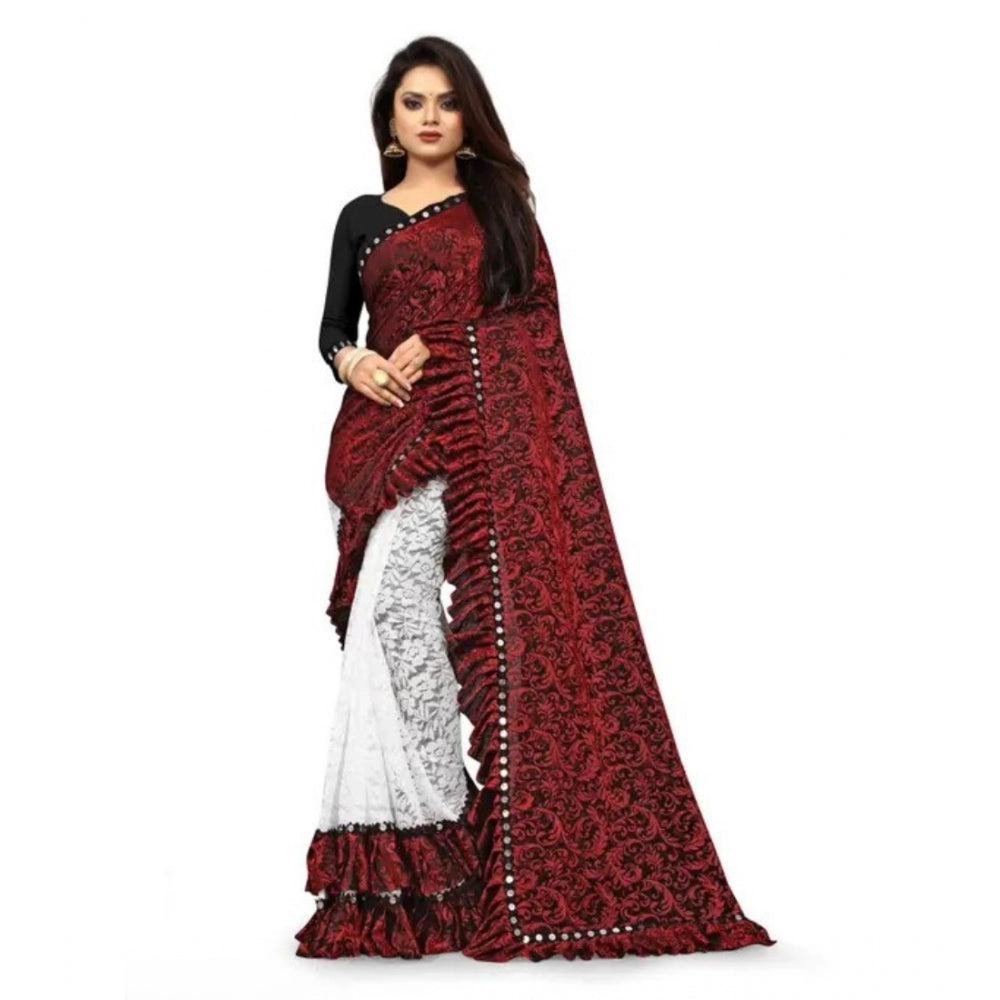 Women's Silk With Mirror Lace Solid Saree — Red