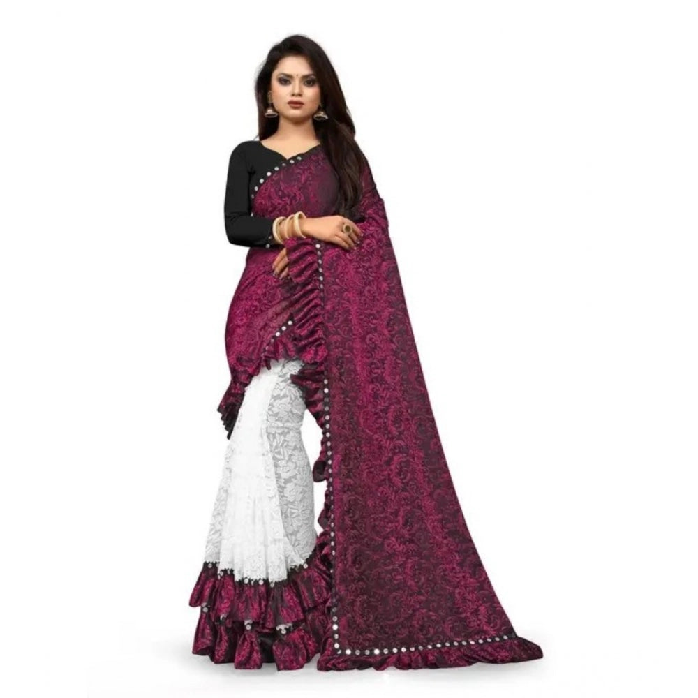Women's Silk With Mirror Lace Solid Saree — Pink
