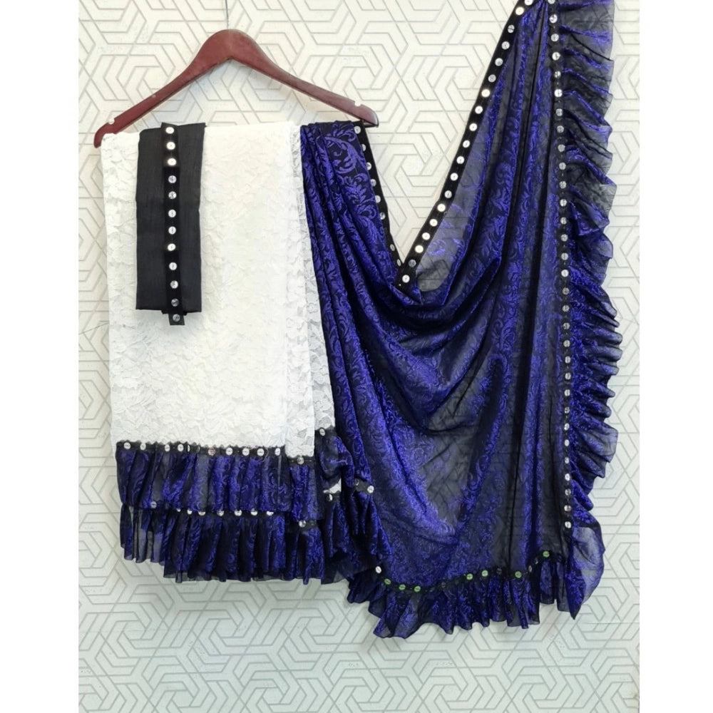 Women's Silk With Mirror Lace Solid Saree — Blue