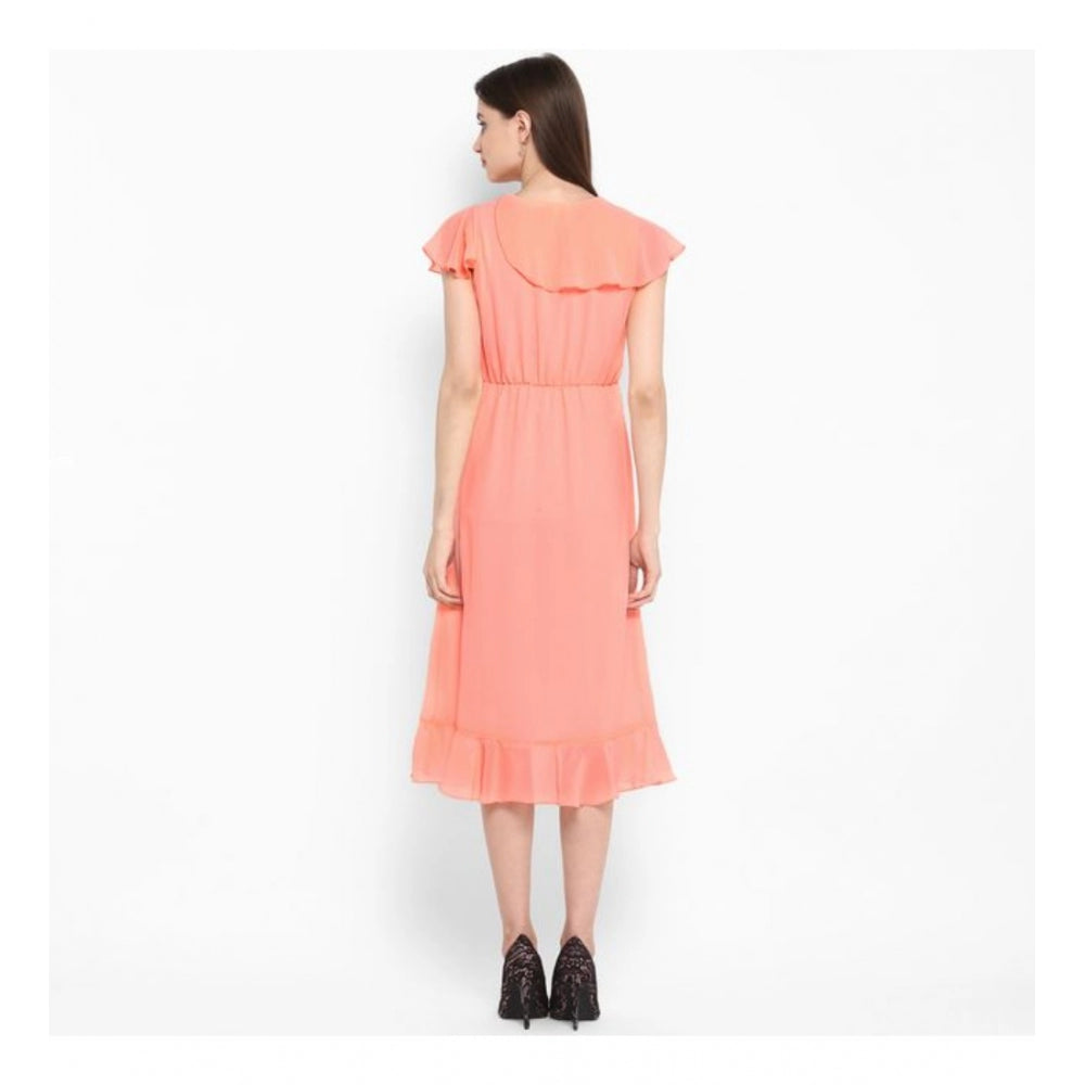 Women's Ruffled Cap Sleeve Below Knee Dress — Neon Pink