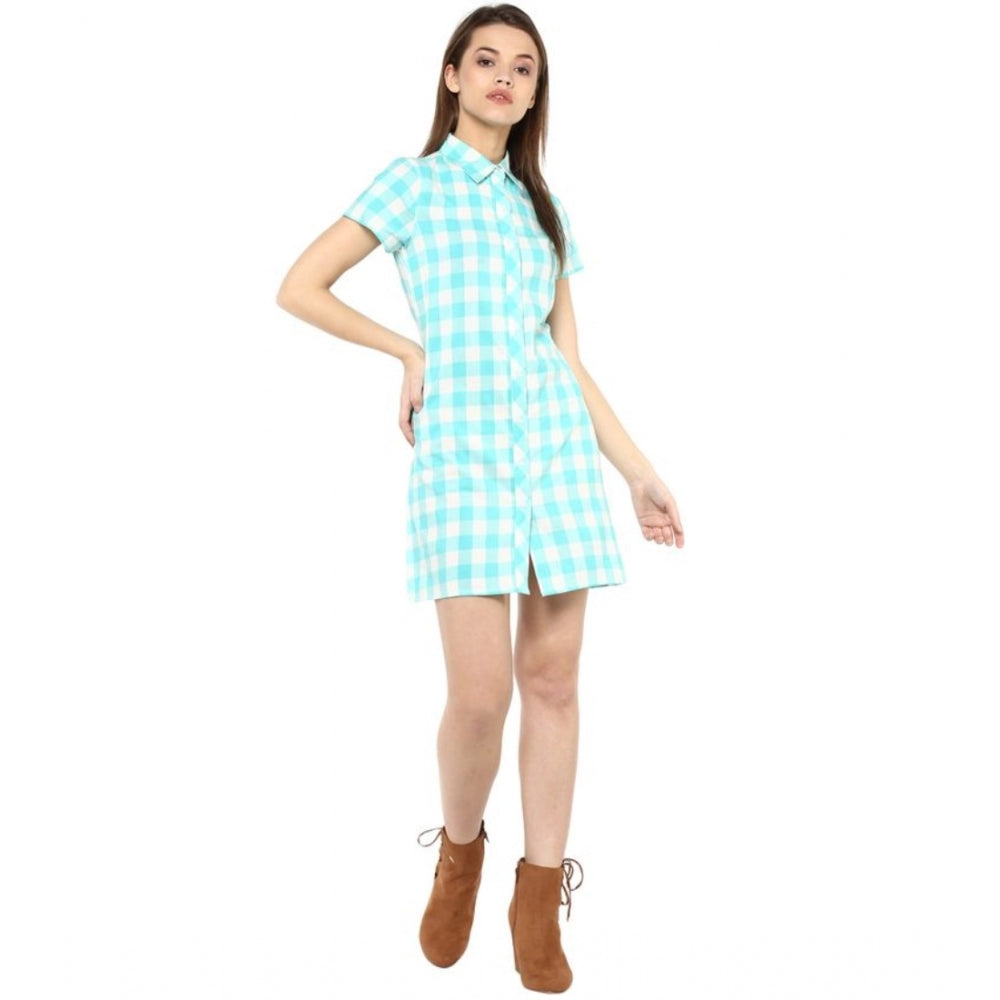 Women's Rayon Checkered Short Sleeve Above Knee Dress — Skublue - White
