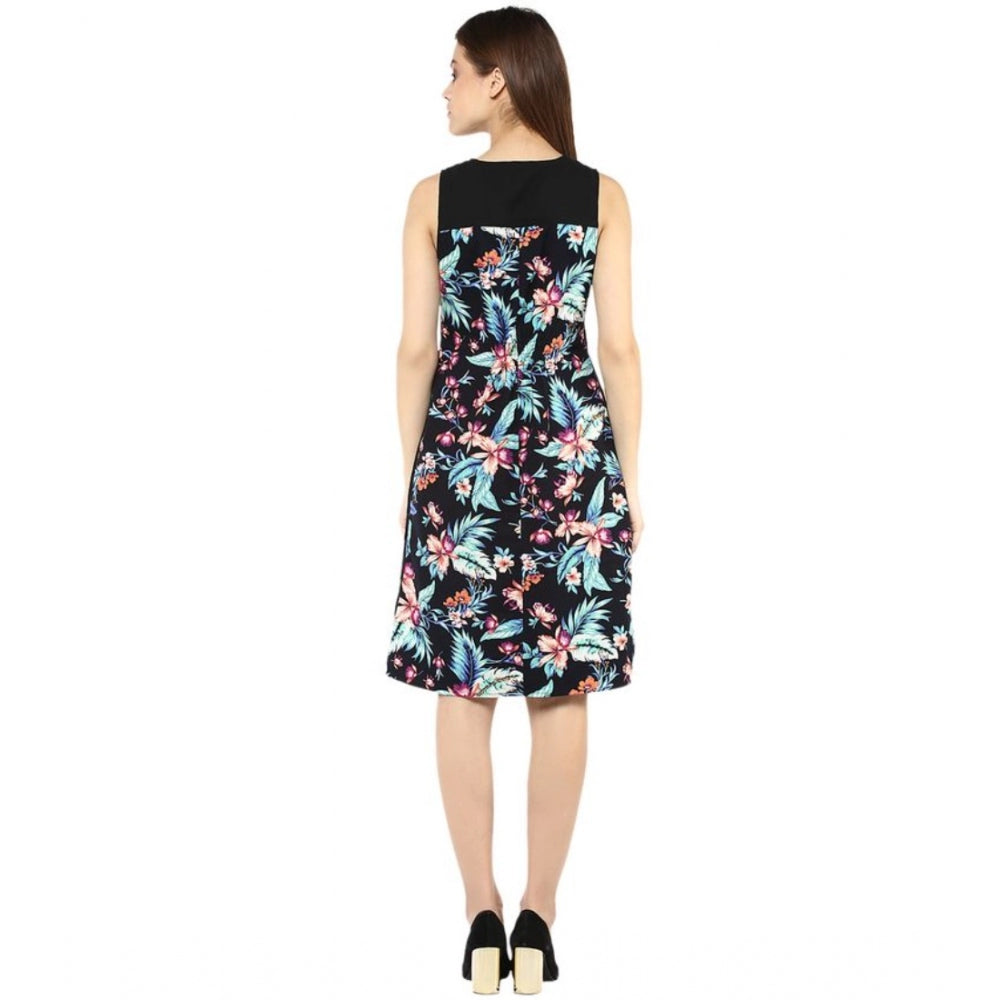 Women's Printed Sleeveless Above Knee Dress — Black - Multicolor