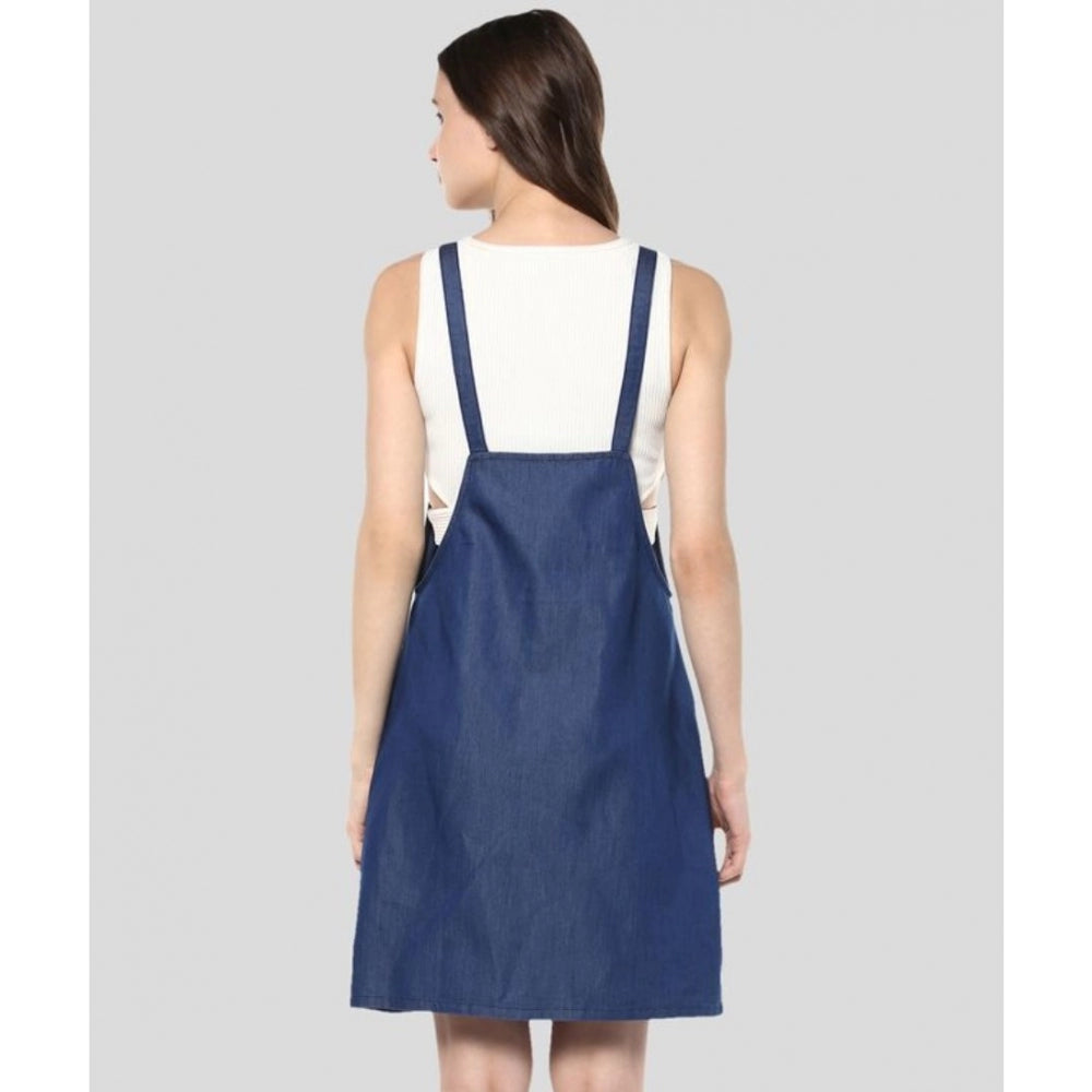 Women's Denim Solid Shoulder Straps Above Knee Dress — Blue