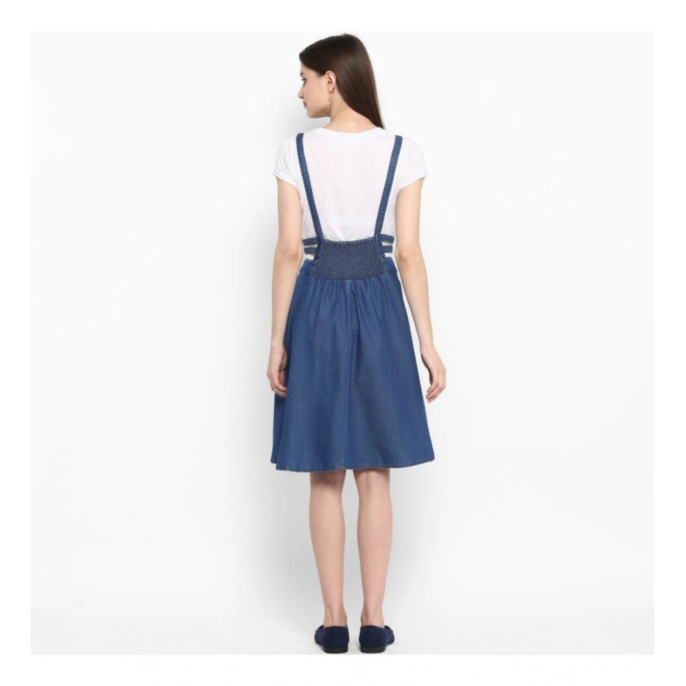 Women's Denim Solid Shoulder Straps Below Knee Dress — Blue