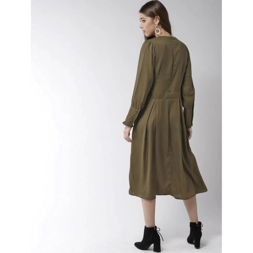 Women's Pintuck Long Sleeves Below Knee Dress — Olive