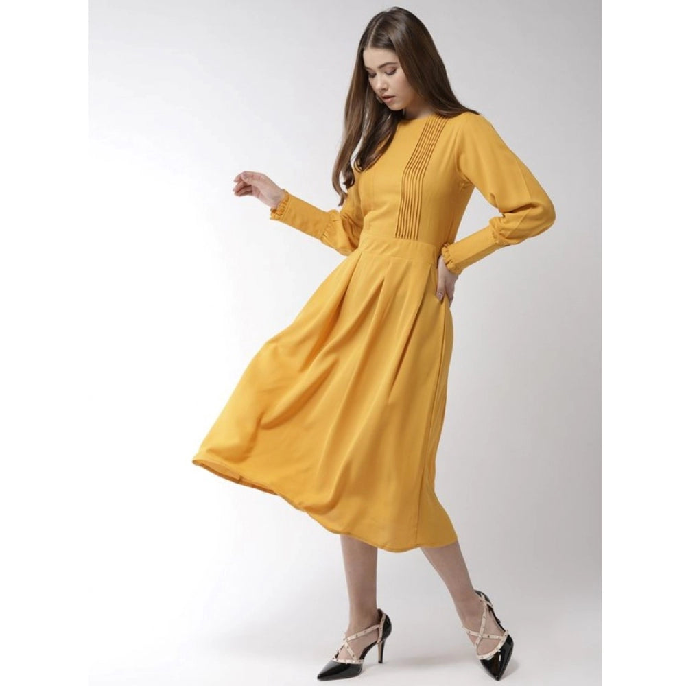 Women's Pintuck Long Sleeves Below Knee Dress — Yellow