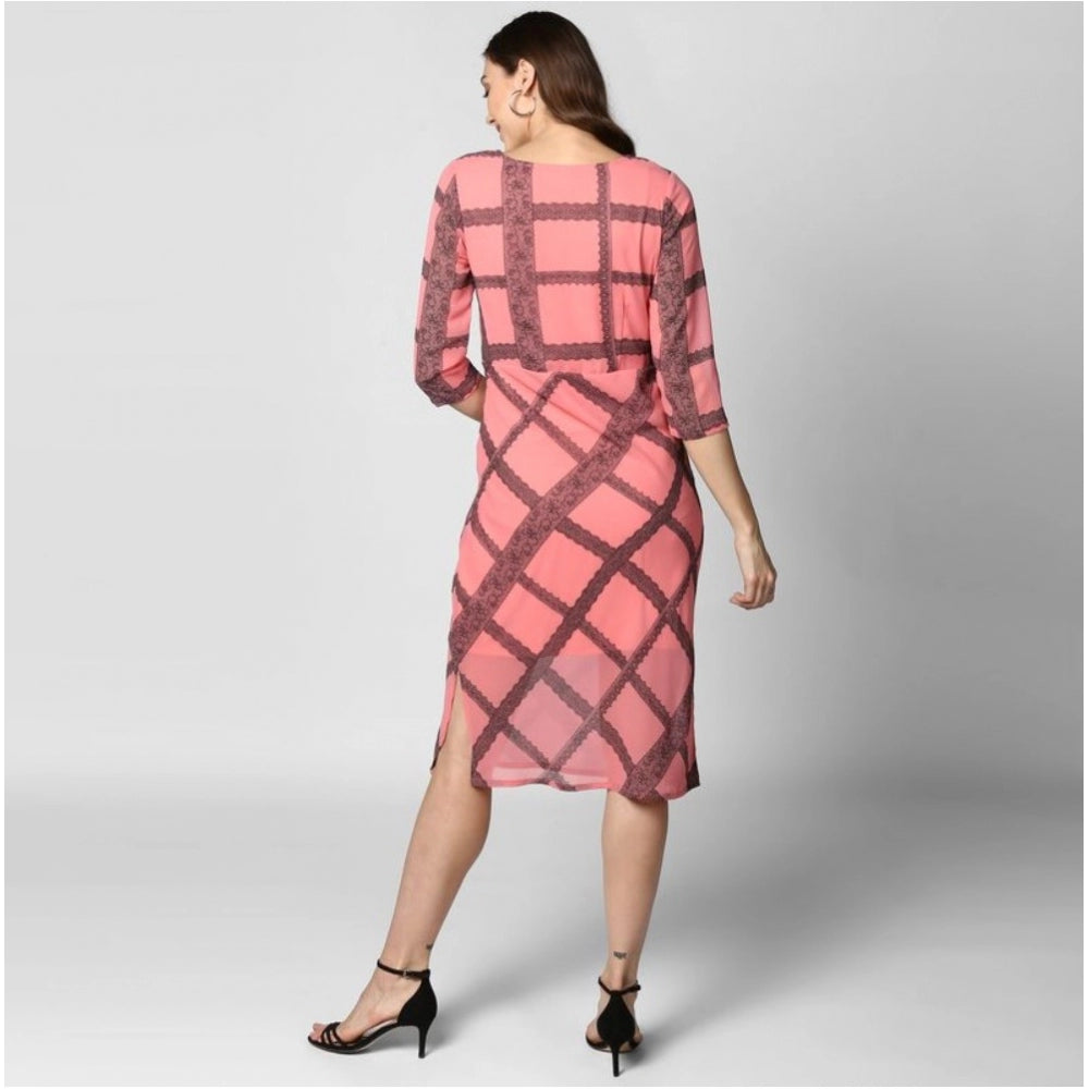 Women's Checkered 3-4th Sleeves Below Knee Dress — Pink - Black