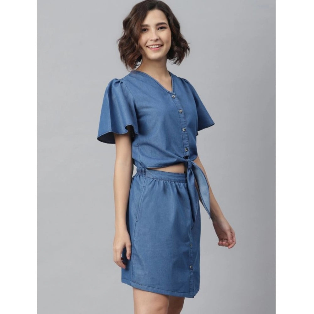 Women's Denim Solid Flutter Above Knee Dress — Blue