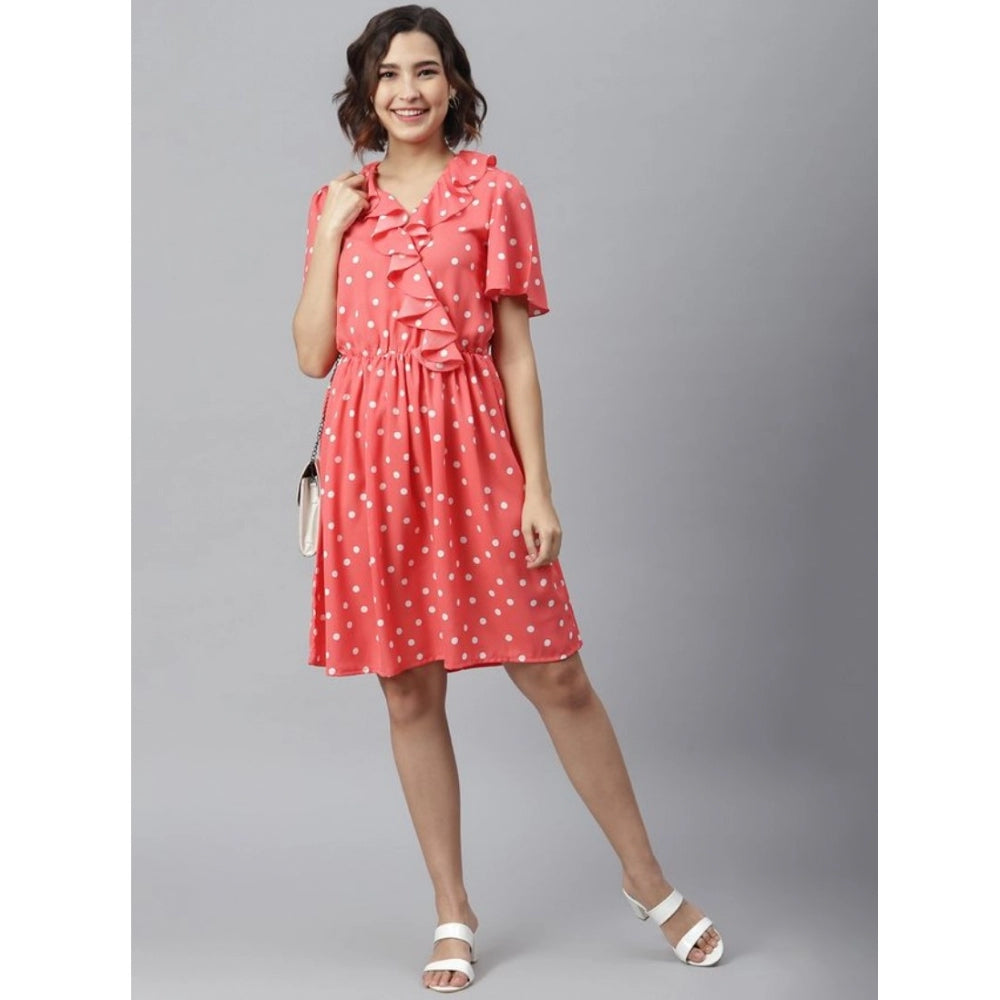 Women's Polka Flutter Above Knee Dress — Coral