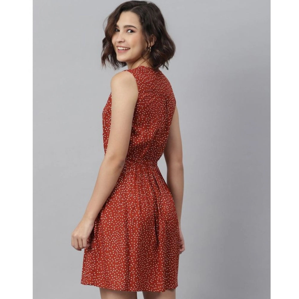 Women's Rayon Polka Sleeveless Above Knee Dress — Rust