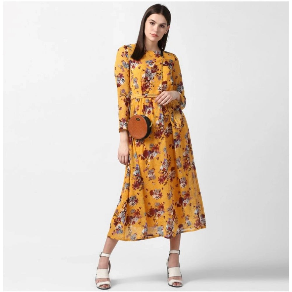 Women's Floral Long Sleeves Calf-Length Dress — Yellow