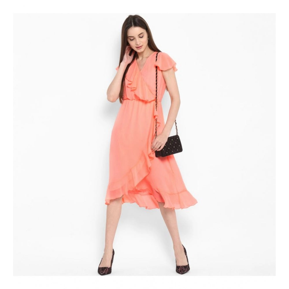 Women's Ruffled Cap Sleeve Below Knee Dress — Neon Pink