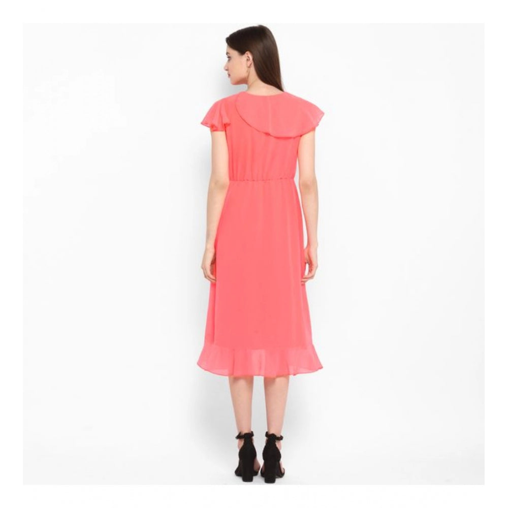 Women's Ruffled Cap Sleeve Below Knee Dress — Coral Pink