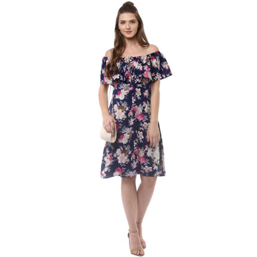 Women's Crepe Floral Half Sleeve Above Knee Dress — Navy Blue