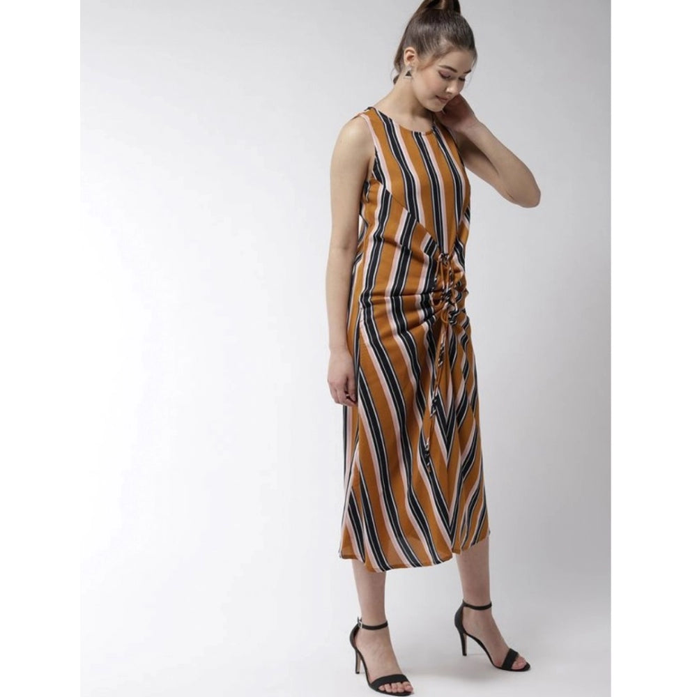 Women's Striped Sleeveless Below Knee Dress — Mustard