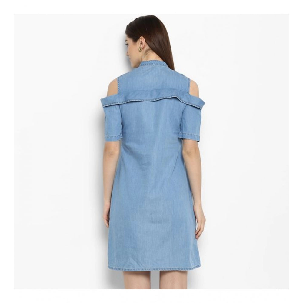 Women's Denim Solid Cold Shoulder Above Knee Dress — Blue