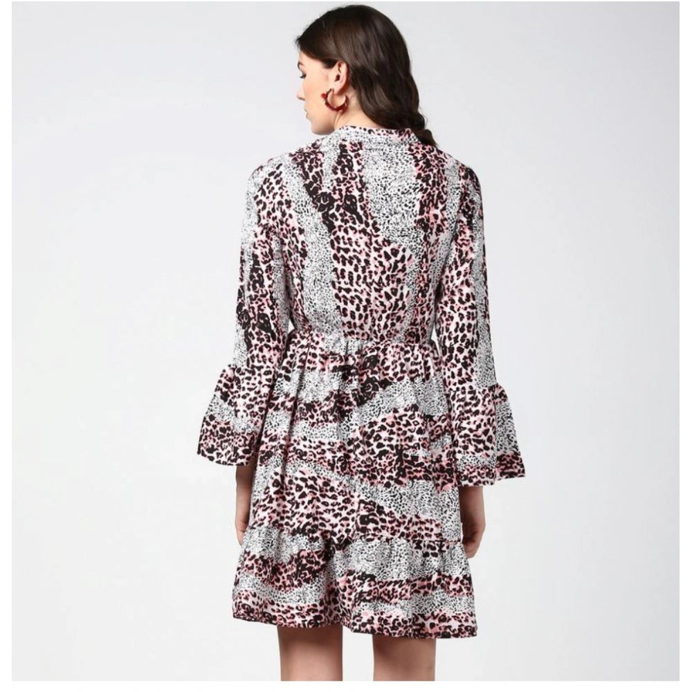 Women's Animal Print Bell Sleeve Above Knee Dress — Pink - Black