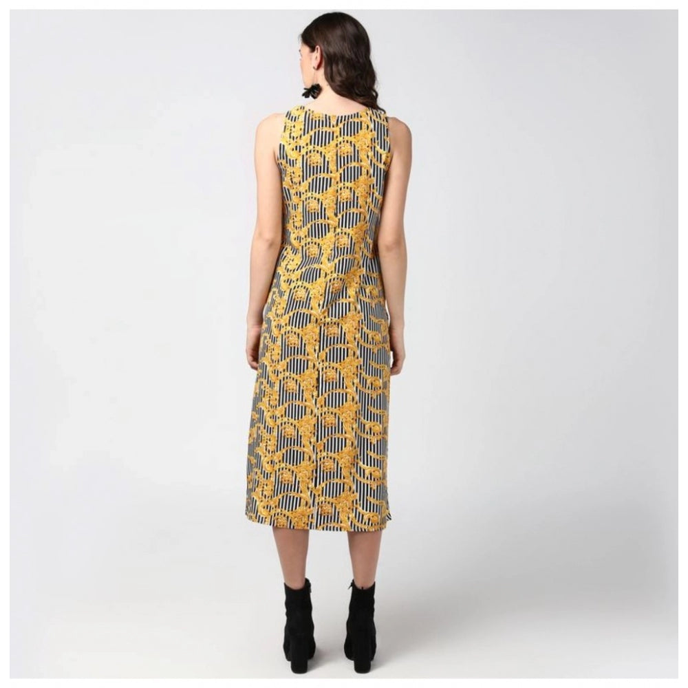 Women's Chain Print Sleeveless Below Knee Dress — Yellow - Black