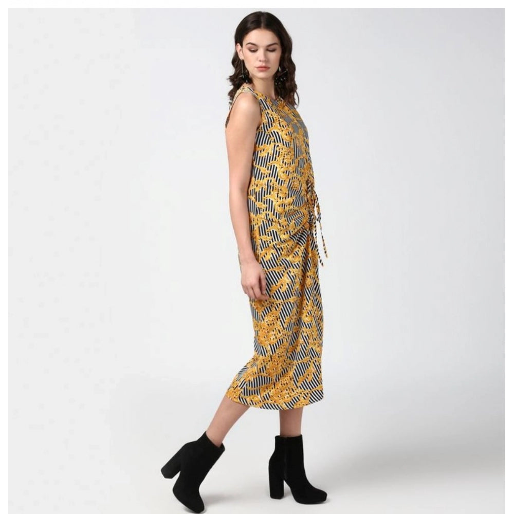 Women's Chain Print Sleeveless Below Knee Dress — Yellow - Black