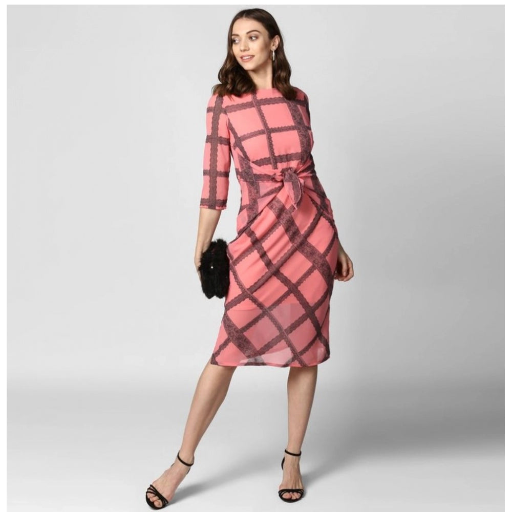 Women's Checkered 3-4th Sleeves Below Knee Dress — Pink - Black