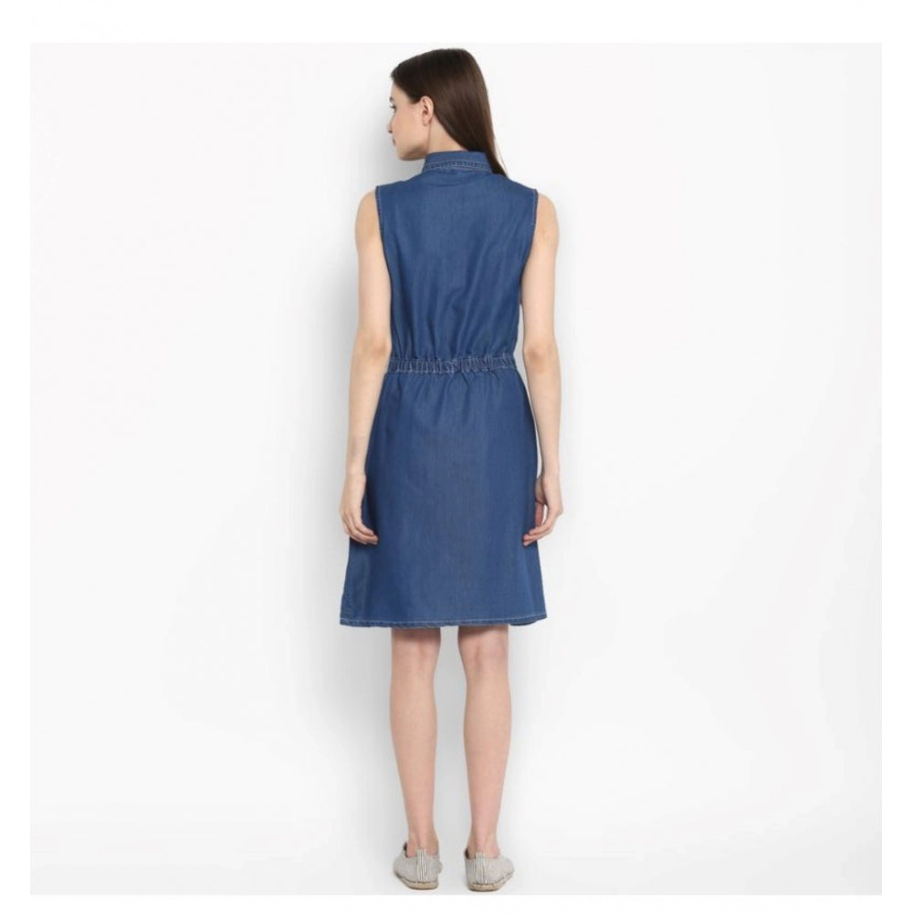 Women's Denim Solid Sleeveless Above Knee Dress — Blue · 27_L