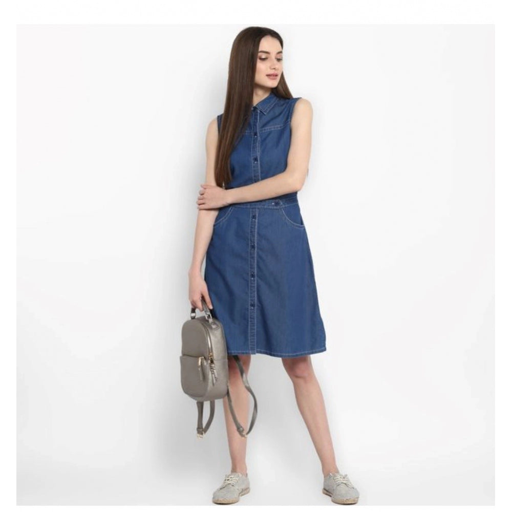 Women's Denim Solid Sleeveless Above Knee Dress — Blue · 27_L