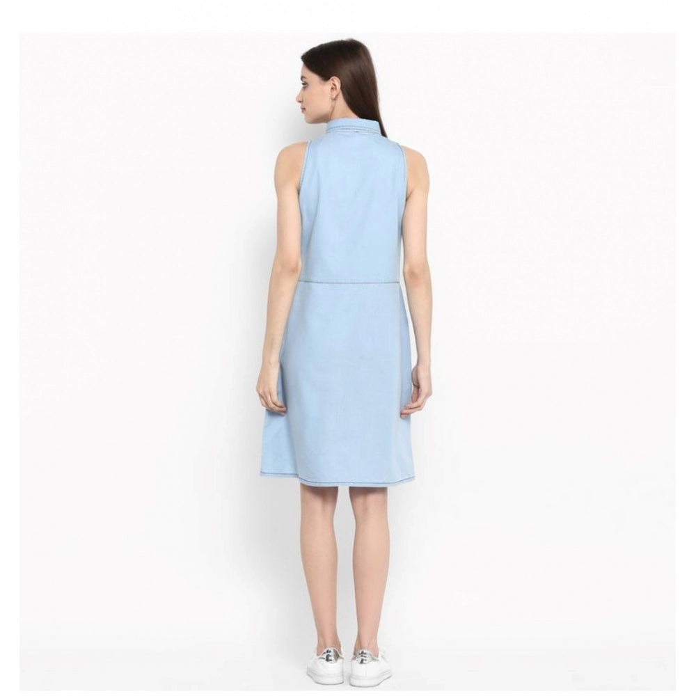Women's Denim Solid Sleeveless Below Knee Dress — Blue