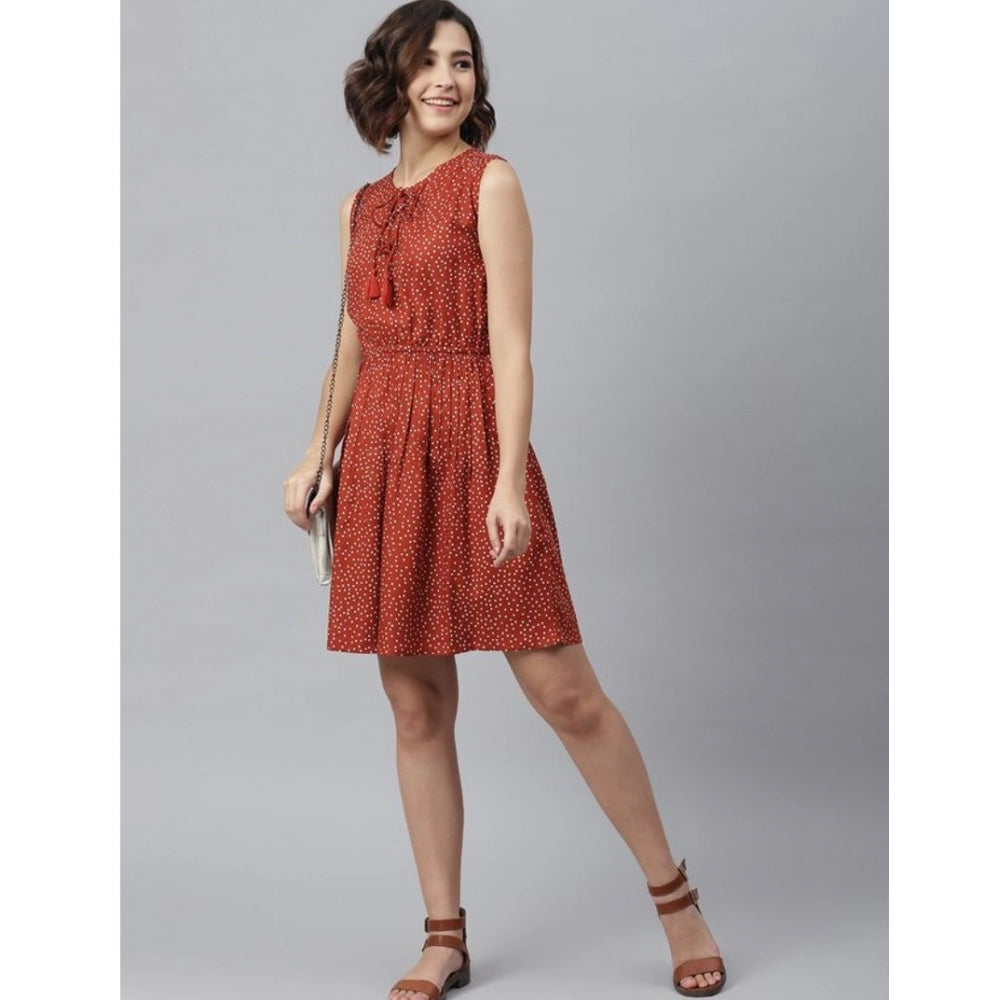 Women's Rayon Polka Sleeveless Above Knee Dress — Rust