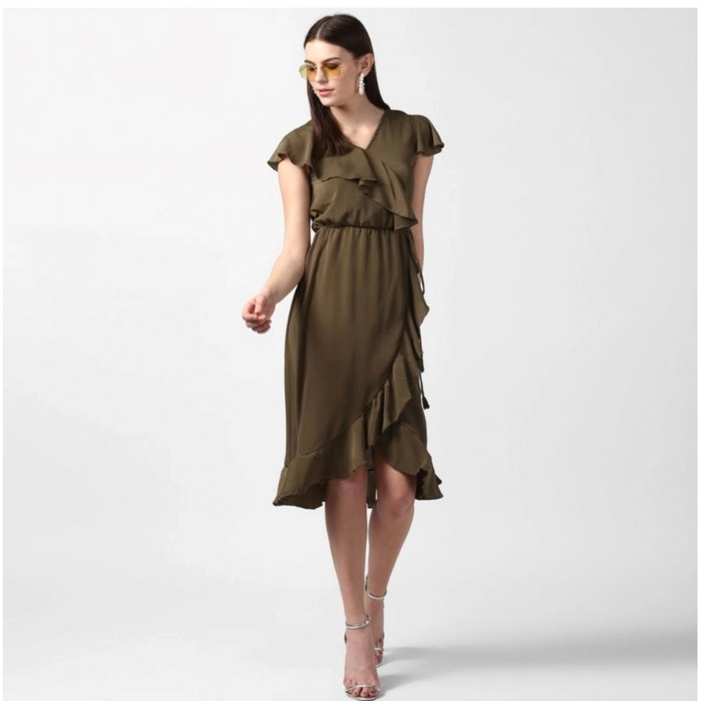 Women's Ruffled Cap Sleeve Knee-Length Dress — Olive
