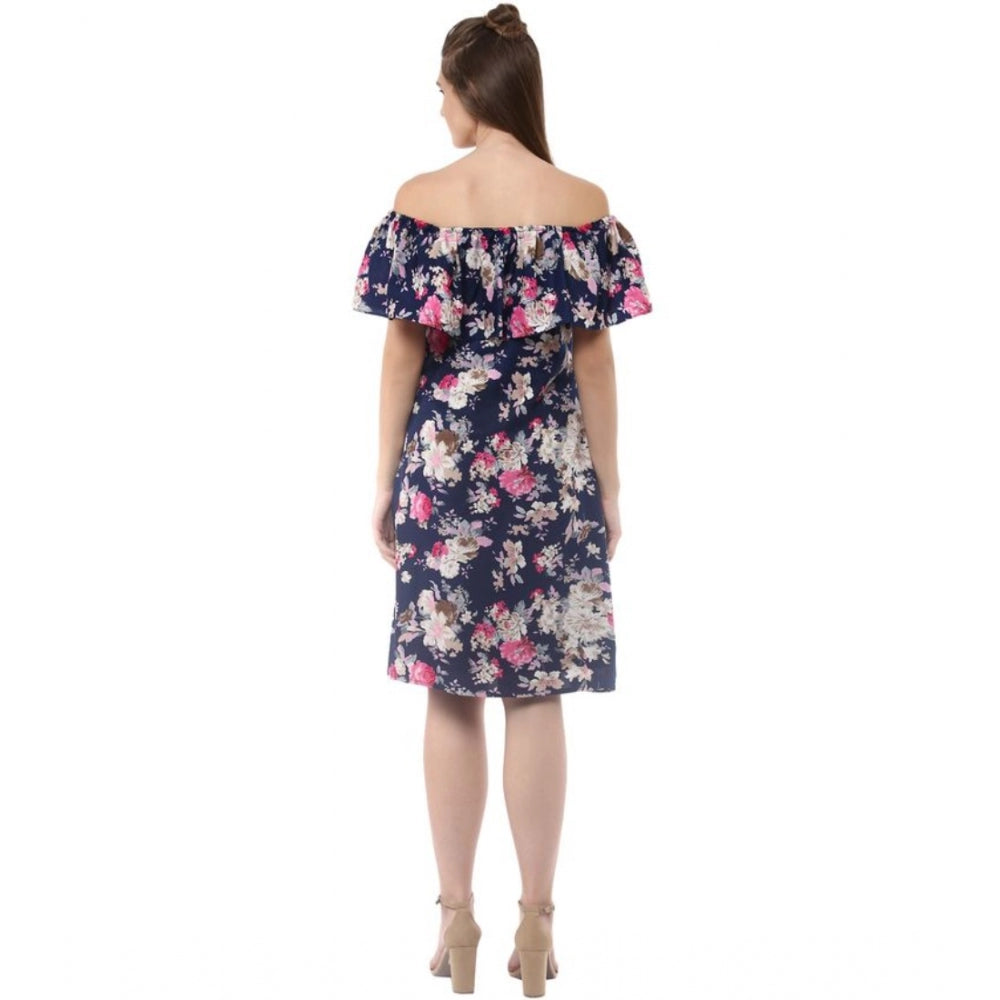 Women's Crepe Floral Half Sleeve Above Knee Dress — Navy Blue