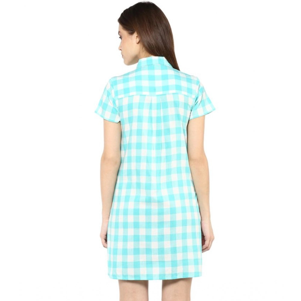 Women's Rayon Checkered Short Sleeve Above Knee Dress — Skublue - White
