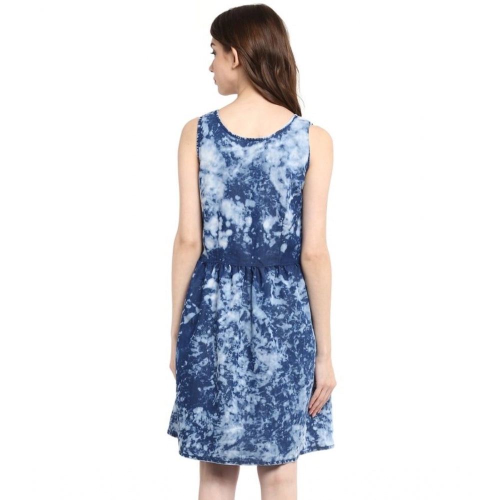 Women's Denim Tie & Dye Sleeveless Above Knee Dress — Blue