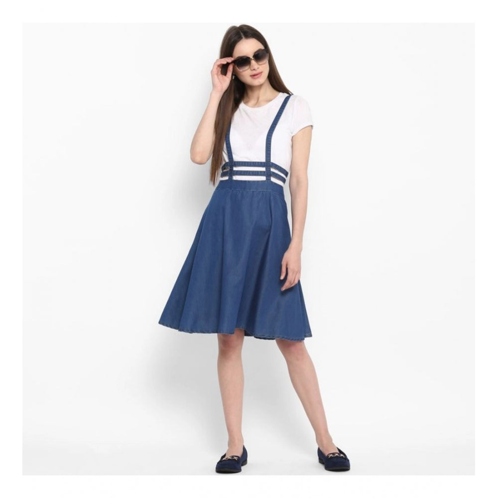 Women's Denim Solid Shoulder Straps Below Knee Dress — Blue