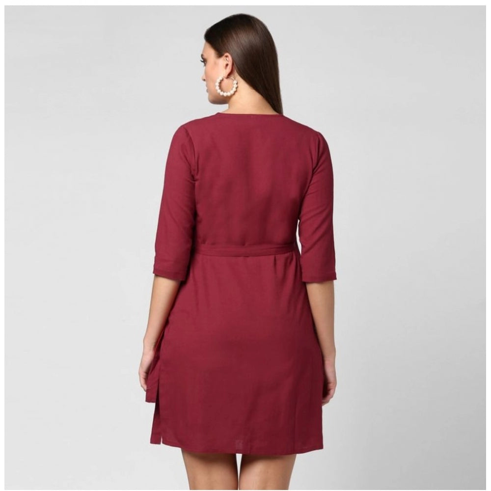 Women's Cotton Solid 3-4th Sleeves Above Knee Dress — Maroon