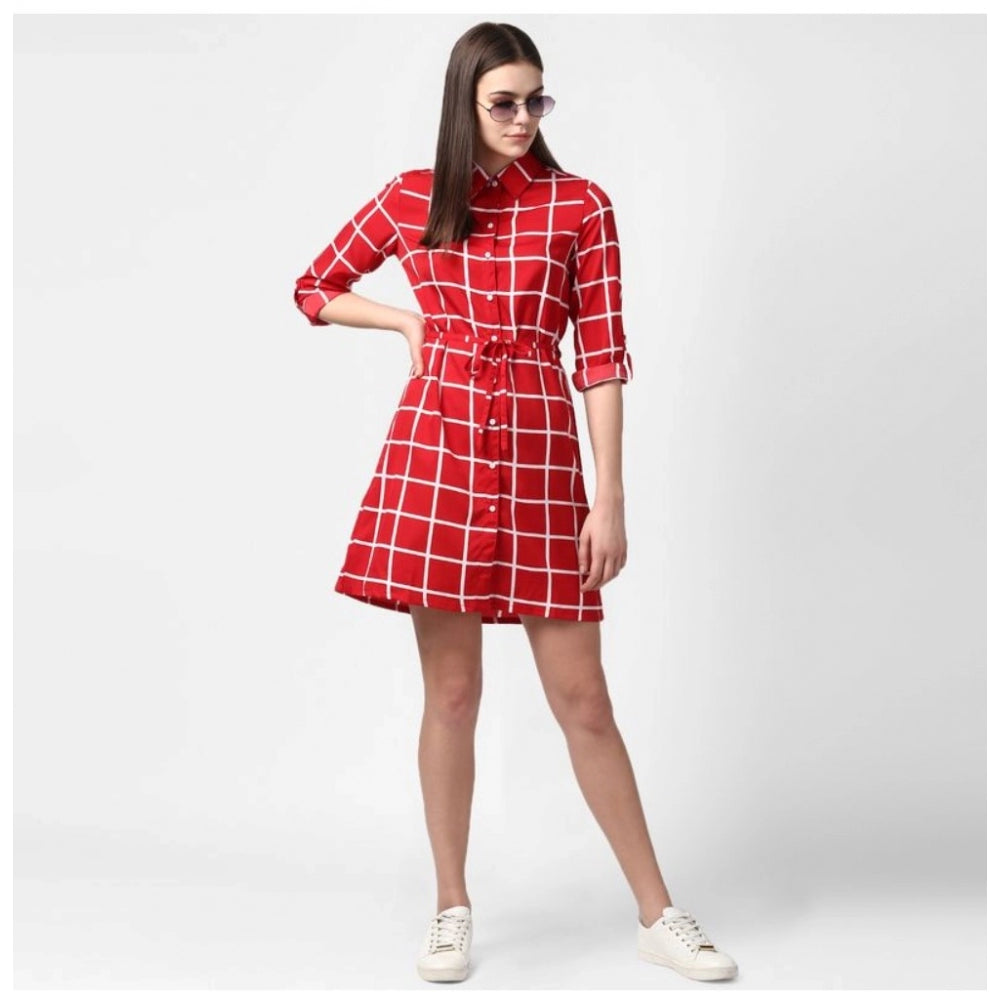 Women's Checkered Long Sleeves Above Knee Dress — Red