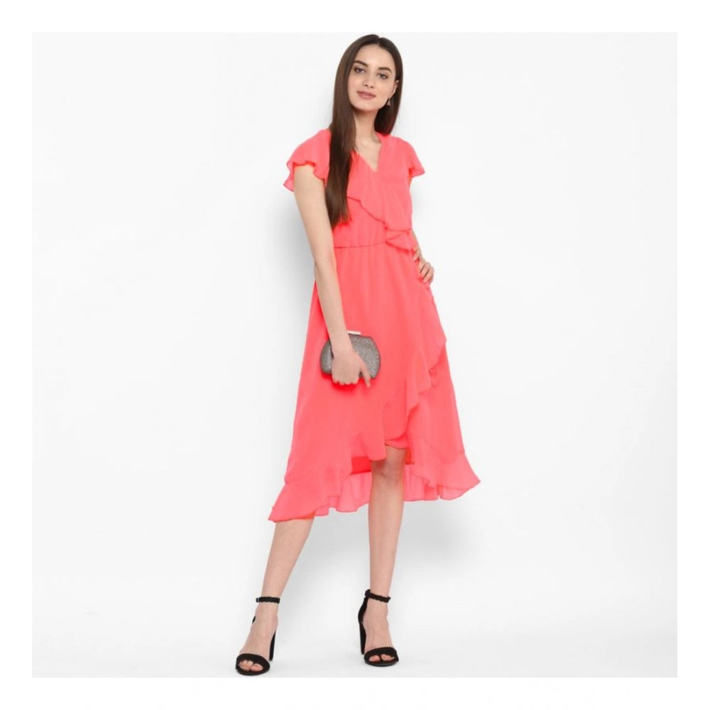 Women's Ruffled Cap Sleeve Below Knee Dress — Coral Pink