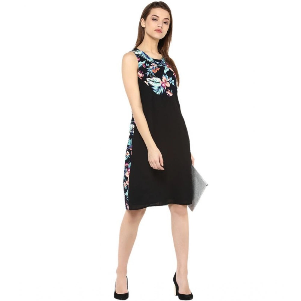 Women's Printed Sleeveless Above Knee Dress — Black - Multicolor