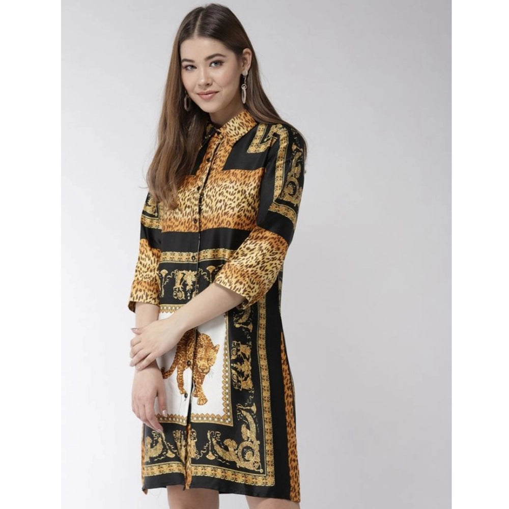 Women's Satin Animal Print 3-4th Sleeves Above Knee Dress — White - Orange