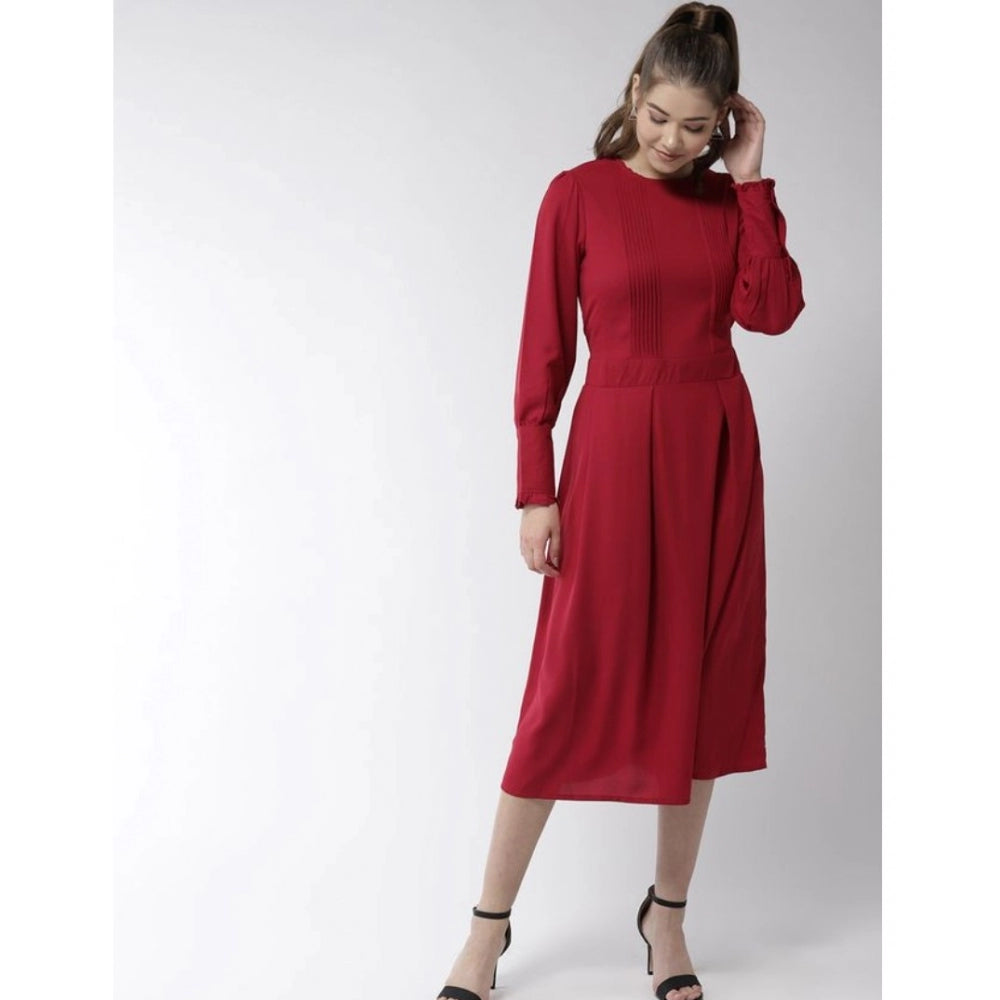 Women's Pintuck Long Sleeves Below Knee Dress — Red