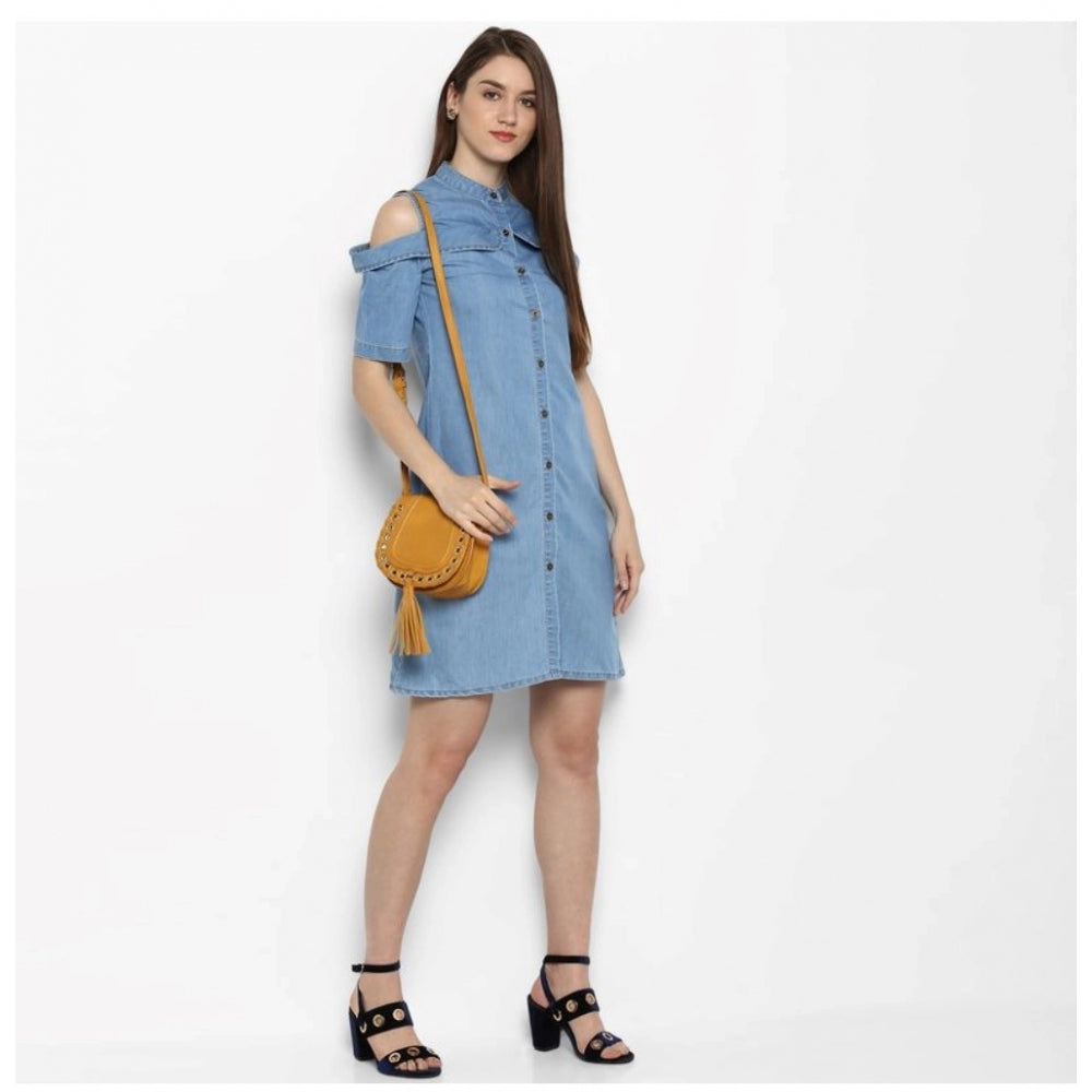 Women's Denim Solid Cold Shoulder Above Knee Dress — Blue