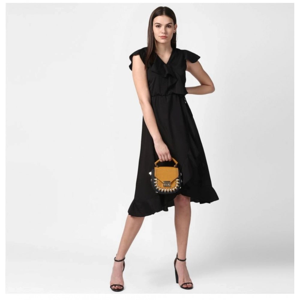 Women's Ruffled Cap Sleeve Knee-Length Dress — Black