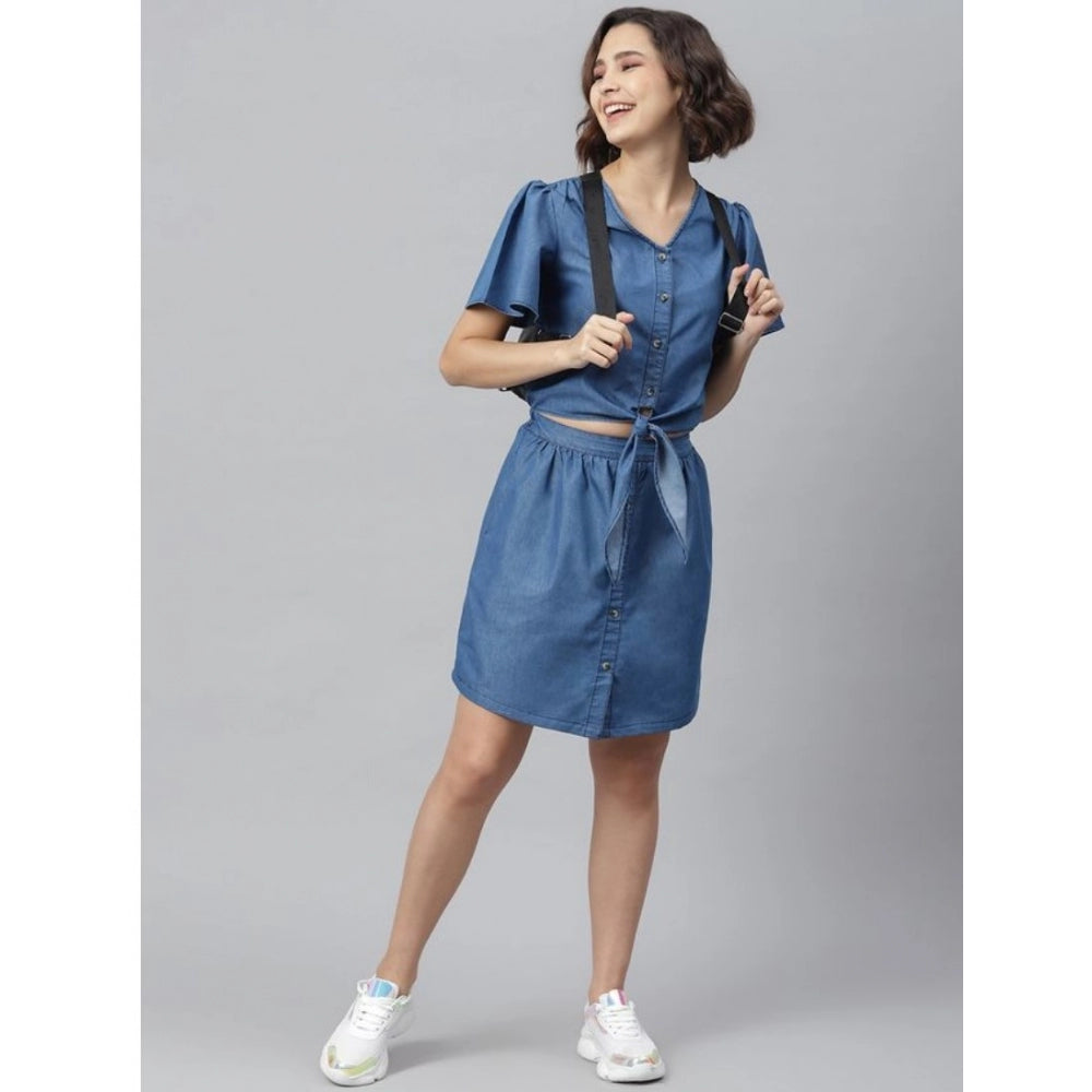 Women's Denim Solid Flutter Above Knee Dress — Blue