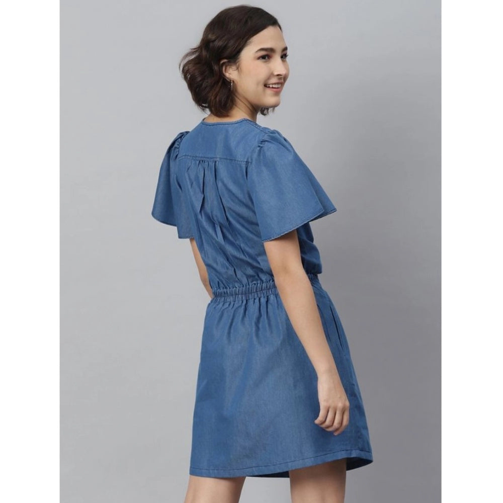 Women's Denim Solid Flutter Above Knee Dress — Blue