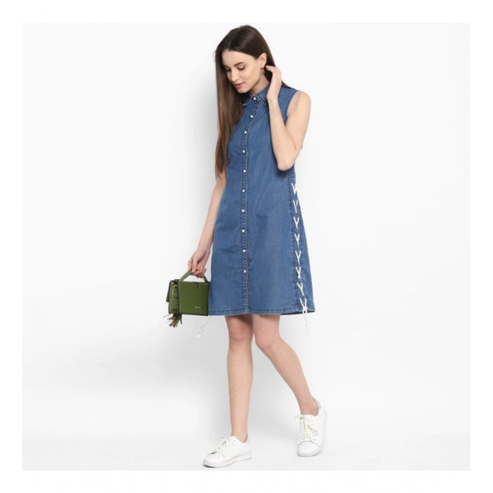 Women's Denim Solid Sleeveless Above Knee Dress — Blue · 28_L