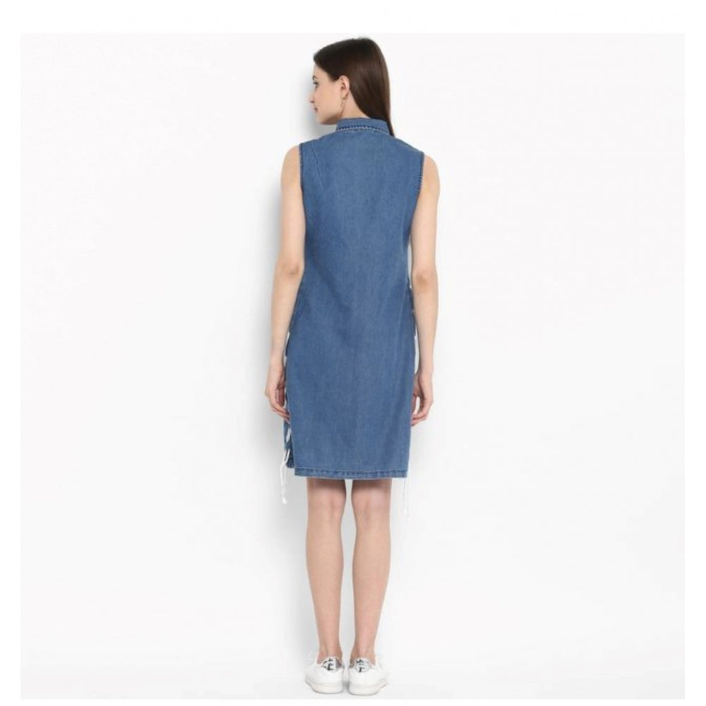 Women's Denim Solid Sleeveless Above Knee Dress — Blue · 28_L