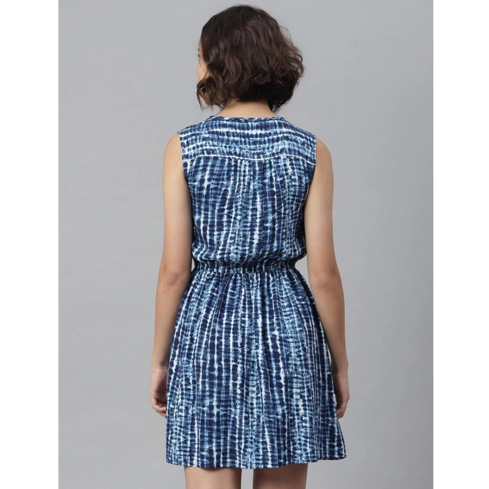 Women's Rayon Tie & Dye Sleeveless Above Knee Dress — Blue