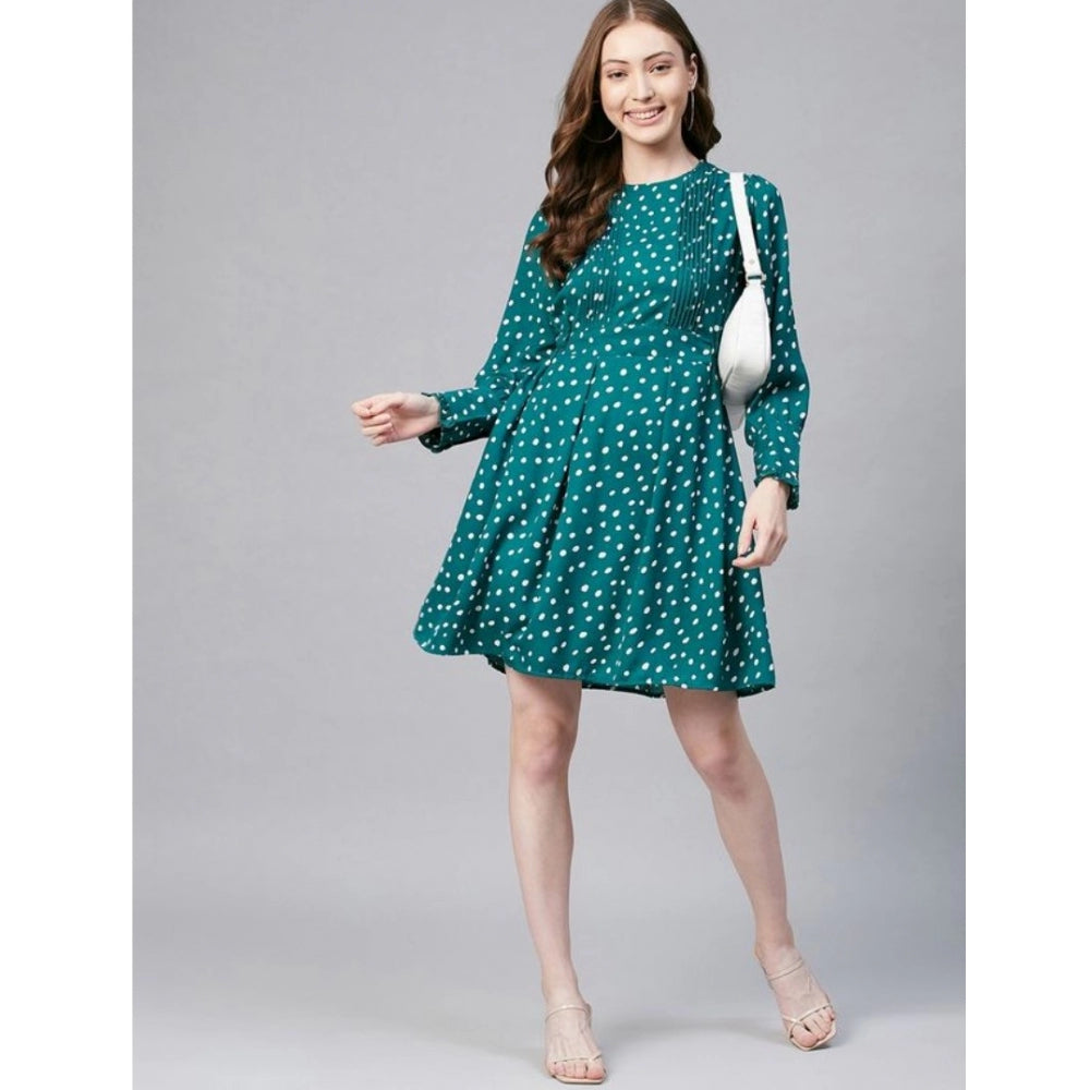 Women's Polka Long Sleeves Above Knee Dress — Green - White