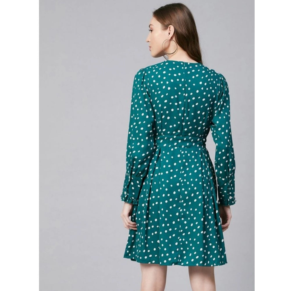 Women's Polka Long Sleeves Above Knee Dress — Green - White